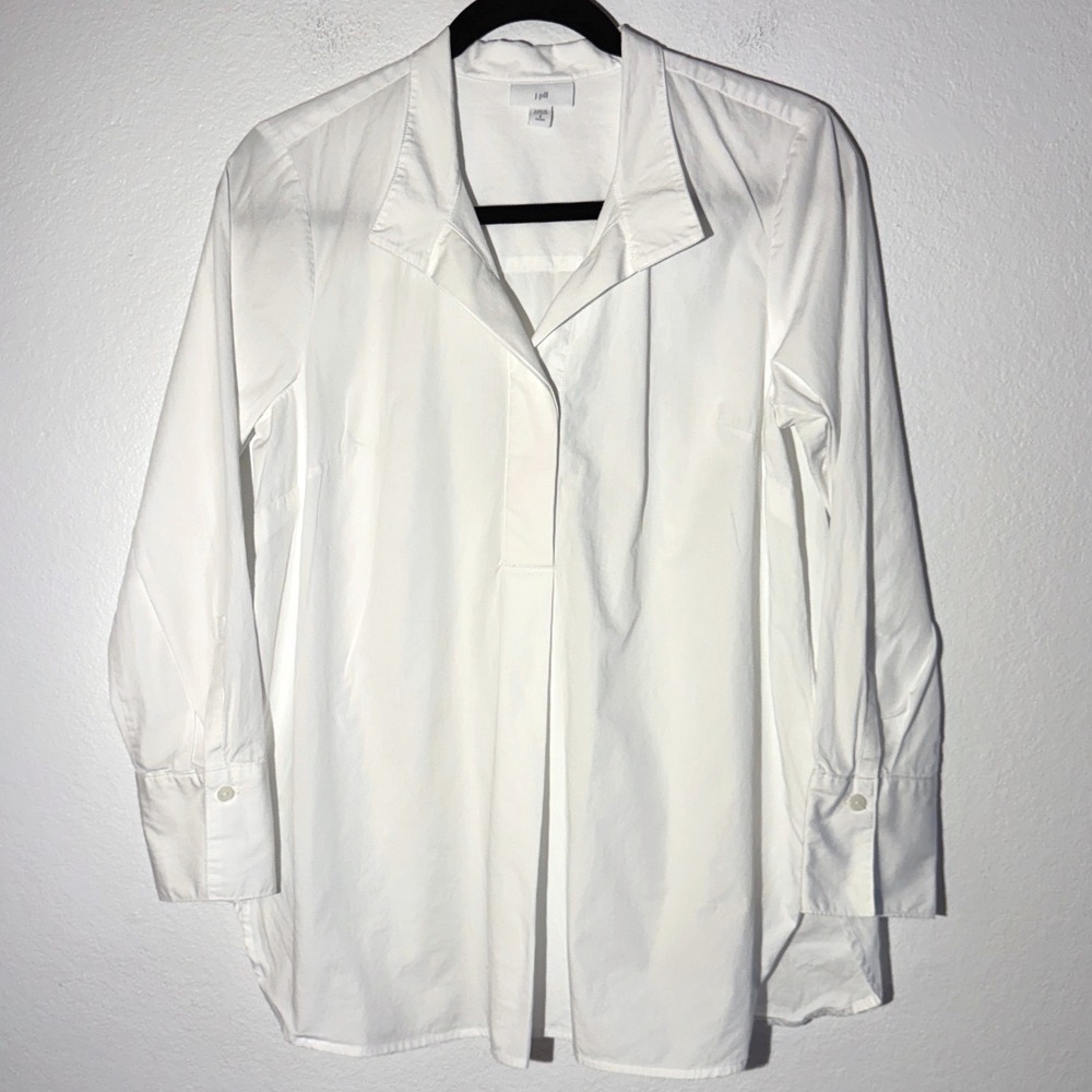 J. Jill White 100% Cotton Long Sleeve Blouse Petite Small Notch Neck Top